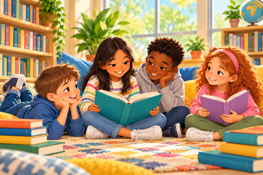 Four diverse elementary-age children enjoying books together in a cozy, sunny library.